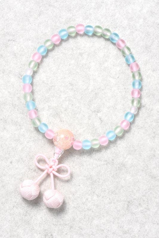 子供用念珠｜ツヤ消ミックス 6mm玉 桜んぼ房（ちりめん仕立）薄桃　日本製の商品画像